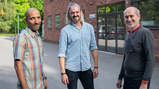 Prasath Babu, MMD's Carl Dahlberg and Valter Ström outside the lab.